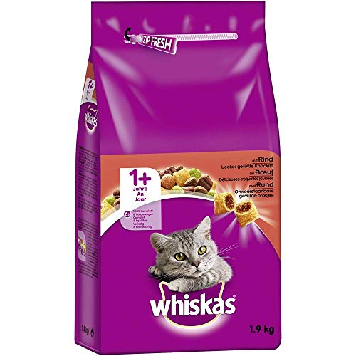Whiskas Katzenfutter Trockenfutter Adult 1+ mit Rind, 4 Beutel (4 x 1,9 kg)