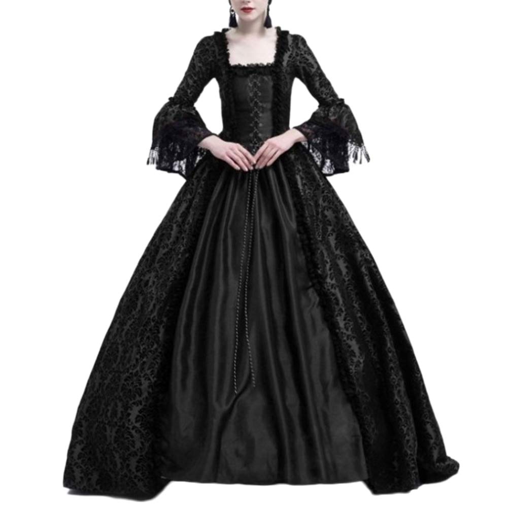 Damen Langarm Renaissance Mittelalter Kleid Viktorianischen Königin Kostüm Maxikleid Schwarz M