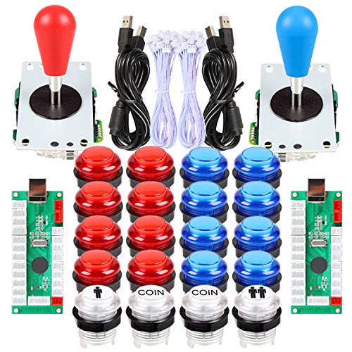 Fosiya 2 Spieler Arcade Joystick Buttons Kit Ellipse Oval Stil 8 Wege Bat Joystick + 20 x LED Arcade Buttons für 2 Spieler Video-Spiele-Controller Alle Windows-PC MAME Raspberry Pi 3 4 Rot & blau