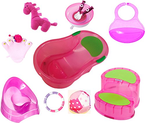 Bieco 15-001007- Großes Baby Starter Set, 9-teilig - Badewanne mit Badesitz, Töpfchen, Tritt, Lätzchen (Pink)