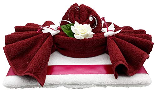 Frotteebox Geschenk Set Rosenbett aus 2X Handtuch rot/weiß (100x50cm) geformt + Deko Rose