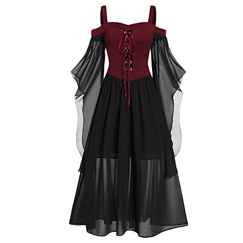 WSZJLN Neues Damen Retro Gothic Strapskleid 2023 Halloween Mittelalter Renaissance Hexe Cosplay Kostüm Mesh Fee Langes Kleid für Frauen Weinrot, XXXL