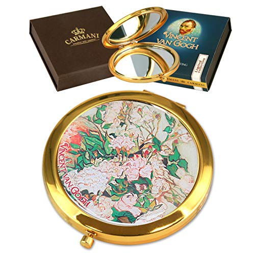 CARMANI - Vergoldete Bronzetasche, kompakt, Reise-Spiegel, verziert mit Van Gogh-Gemälde "Rosa Rosen in einer Vase"