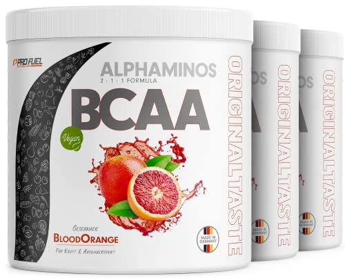 BCAA Pulver 3x300g BLUTORANGE - Testsieger - ALPHAMINOS BCAA 2:1:1 - Das ORIGINAL von ProFuel - Essentielle BCAA Aminosäuren - Unfassbar leckerer Geschmack - vegan & laborgeprüft - Top Löslichkeit