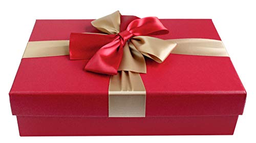 Emartbuy Starre Geschenkbox, 38 cm x 27 cm x 10 cm, rote Box mit Deckel, goldrotes Satinband und 100 g geschreddertes Papier in rot