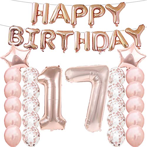 Partyzubehör zum 17. Geburtstag, Luftballons zum 17. Geburtstag, aus Rose-Gold, Zahl 17, Mylar-Ballon, Latex-Ballon-Dekoration, tolles süßes Geschenk zum 17. Geburtstag für Mädchen, Foto-Requisiten