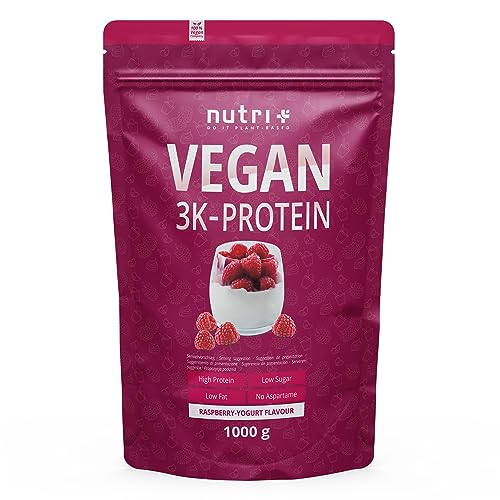 Veganes Eiweißpulver Himbeer Joghurt 1kg - 80% Eiweiß - 3k-Proteinpulver Raspberry Yogurt - Protein Pulver 1000g ohne Milch & Lactose - Nutri + Vegan