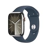 Apple Watch Series 9 (GPS + Cellular, 45 mm) Smartwatch mit Edelstahlgehäuse in Silber und Sportarmband M/L in Sturmblau. Fitnesstracker, Blutsauerstoff und EKG Apps, Always-On Retina Display
