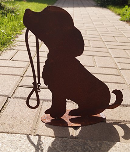 BADEKO Edelrost Hund sitzend mit Leine auf Bodenplatte Gartendekoration