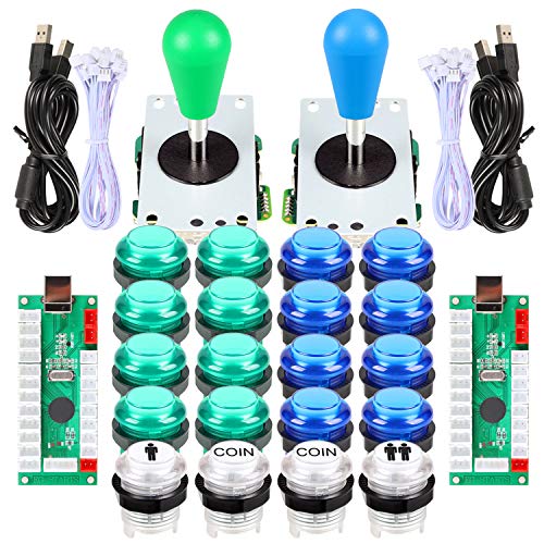 EG STARTS 2 Spieler LED Arcade DIY Teile 2X USB Encoder + 2X Ellipse Oval Style Joystick + 20x LED Arcade Tasten für PC MAME Raspberry Pi Windows System (Blaues & Grünes Kit)