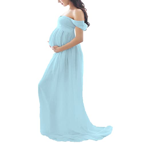 Daysskk Schwangerschaftskleider Fotoshooting Umstandskleid Blau Fotoshooting Schwangerschaftskleid Off Shoulder Maternity Dress Lang Photoshoot Babybauch Kleid M