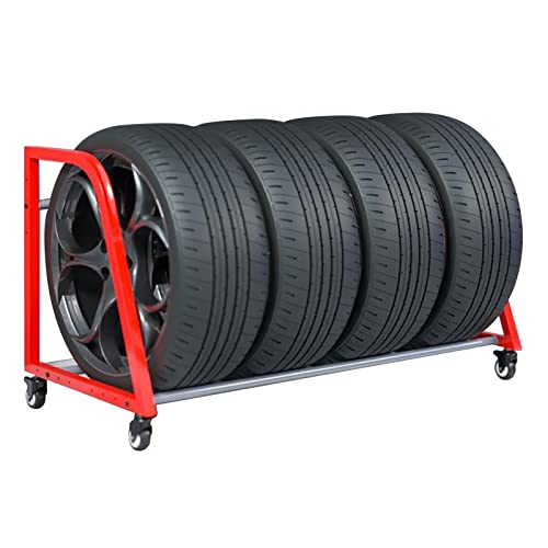 ZIMGOD Reifenregal Rollbares Reifenregal mit 4 Rädern, Schwerlast-Garagengestell für Innen/Außen/Werkstatt/Carport, Roter Reifenständer - Leicht zu Bewegen