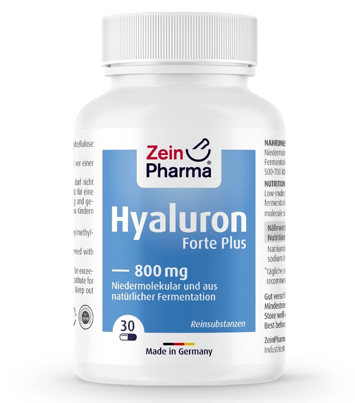 ZeinPharma Hyaluronsäure Forte Plus Kapseln 800 mg, 500-700 kDa - 30 vegane Kapseln aus natürlicher Fermentation