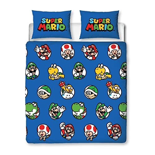 Nintendo Super Mario Offizielles Bettbezug-Set für Doppelbett, Continue Design, blau, wendbar, zweiseitig, Bettbezug, offizieller Merchandise-Artikel inklusive passenden Kissenbezügen