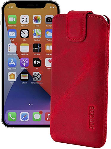 Suncase ECHT Ledertasche Leder Etui kompatibel mit iPhone 12 (6.1") Hülle (mit Rückzugsfunktion und Magnetverschluss) antik rot