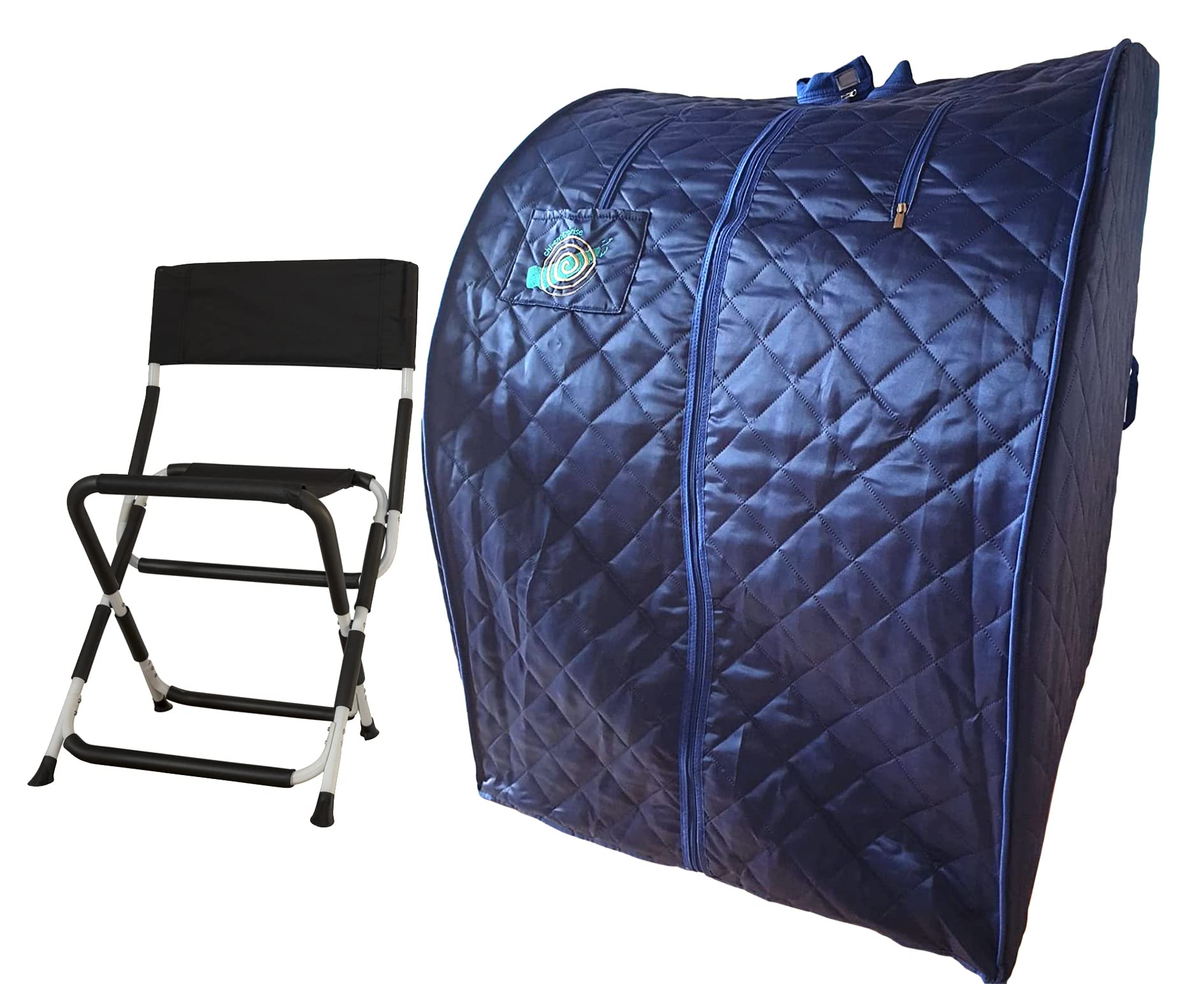CHI-ENTERPISE - Turmalin-Infrarotsauna XL Deluxe in dunkelblau | Portable, Faltbare Sauna für eine Person inklusive Klappstuhl | 107x96x85 | 1000 Watt