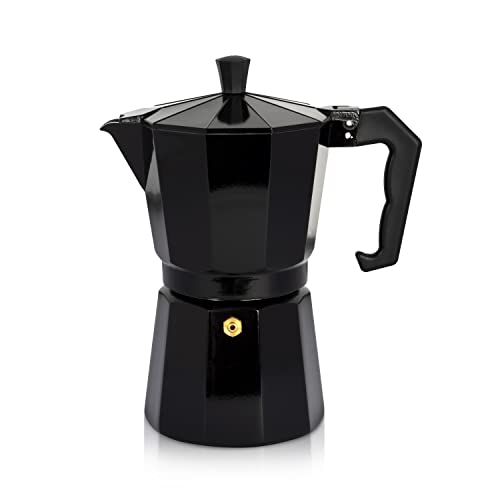 Krüger Aluminium-Espressokocher mit Silikon-Dichtring für 6 Tassen - schnelle und einfache Espresso-Zubereitung - Sicherheitsventil verhindert Überlaufen - handlicher Griff (schwarz)
