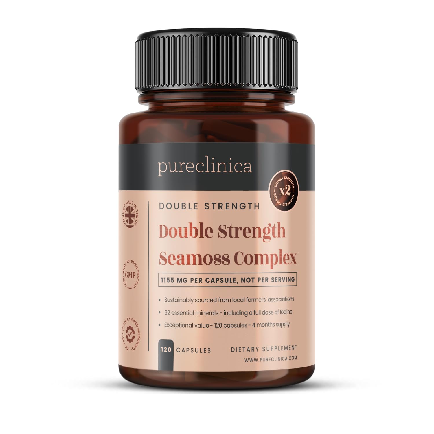 Pureclinica Seamoss-Komplex mit doppelter Stärke – 1155 mg x 120 Kapseln (Vorrat für 4 Monate) – mit 500 mg Seamoss, Blasentang und Klettenwurzel