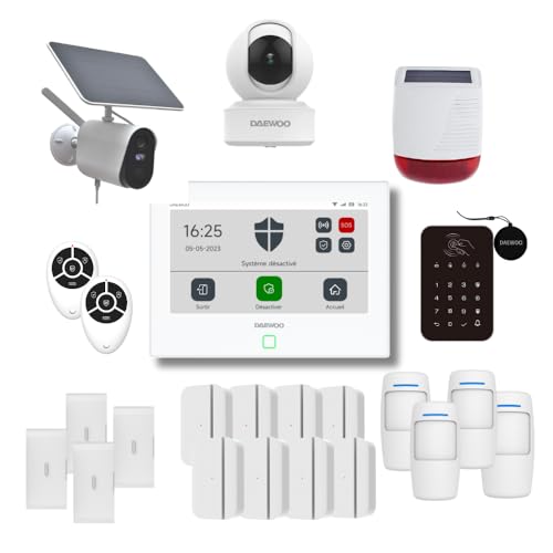 Daewoo Alarm-Set AM373, WiFi/GSM, Zentrale mit Touchscreen 7 Zoll, 20 Zubehörteile, Solarsirene, Lieferung mit 2 Full-HD-Kameras, Davon 1 Solarkamera