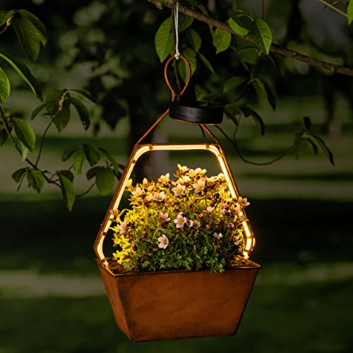 Solar Hängeleuchte zum Bepflanzen in Rost Optik - HEXAGON - Hänge Blumenampel warm weiß beleuchtet - Garten Deko Beleuchtung mit integrierter Pflanzschale Blumenschale (Hexagon)