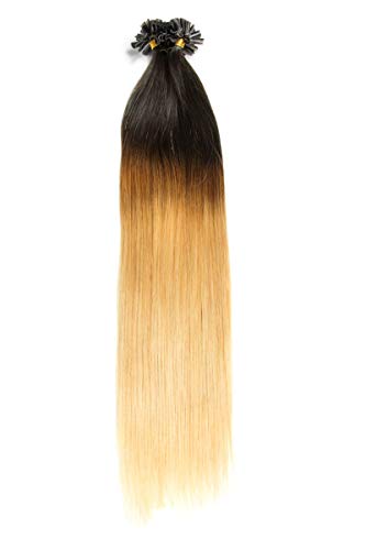 Ombré Keratin Bonding Extensions aus 100% Remy Echthaar/Human Hair- 200x 1g 50cm Glatte Strähnen - Haare Keratin Bondings U-Tip als Haarverlängerung und Haarverdichtung: Farbe Naturschwarz/Blond