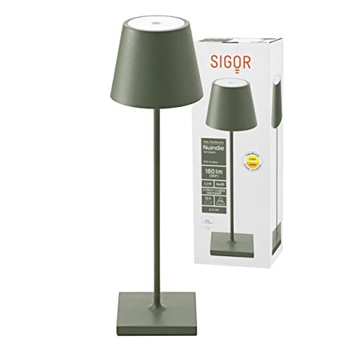 SIGOR Nuindie - Dimmbare LED Akku-Tischlampe Indoor & Outdoor, aufladbar mit Easy-Connect, 24 h Leuchtdauer, Tannengrün