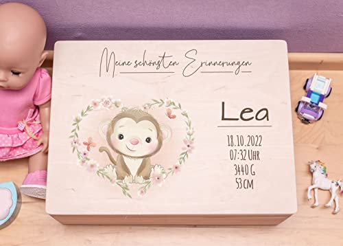Personalisierte Erinnerungskiste - Holzkiste New Born Affe - Aufbewahrungskiste - Geschenk Geburt - Erinnerungsbox Baby Taufe - Holzkiste für Kinder (M (30x20x14), Mädchen)