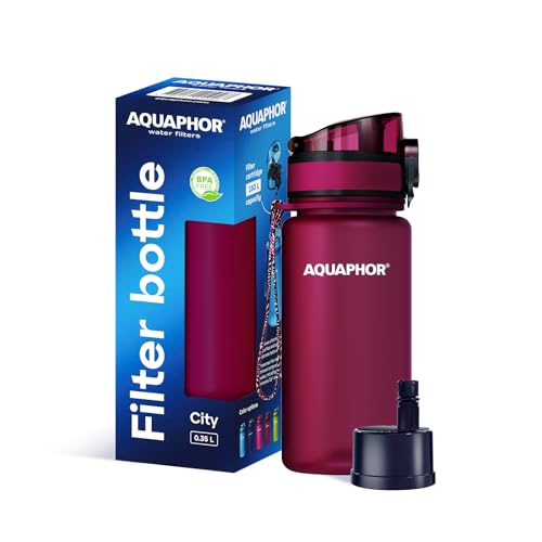 AQUAPHOR City Filterflasche 350ml Rubin I Flasche mit Wasserfilter für unterwegs I Filter mit Aktivkohle I Filtert Chlor I Aus Tritan & BPA-frei I Für besseren Geschmack & Geruch des Wassers