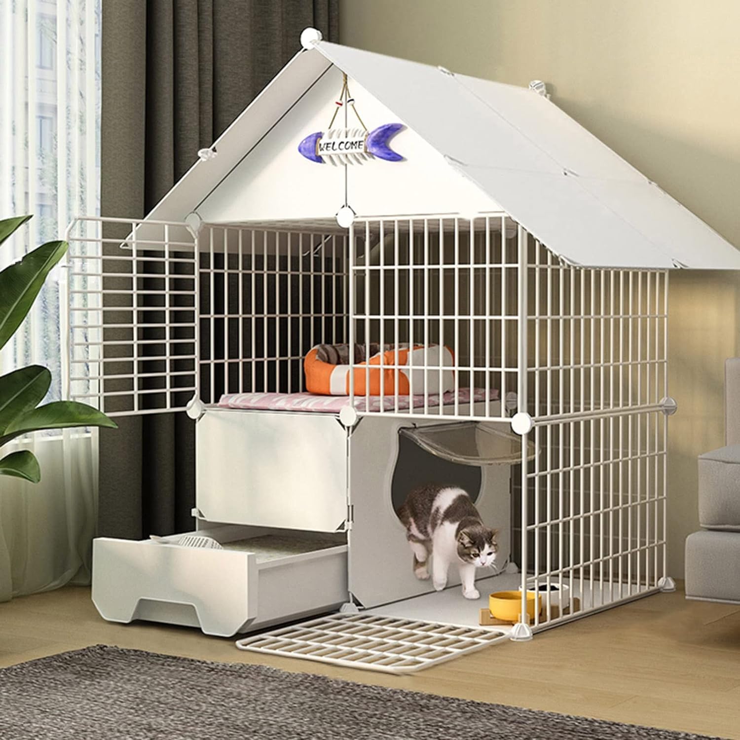 Mehrzweck-Haustierbox – abnehmbare Katzentoilette im Park-Stil aus Metall mit Tür und geschlossener Katzentoilette für Kätzchen, Kaninchen, Igel und andere kleine Haustiere