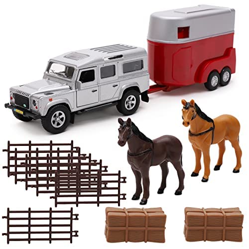 Toyland® Pferdetransporter-Set – 4 x 4 silbernes Auto & Pferdebox mit Zubehör – Spielzeug für die Landwirtschaft – Druckgussmetall