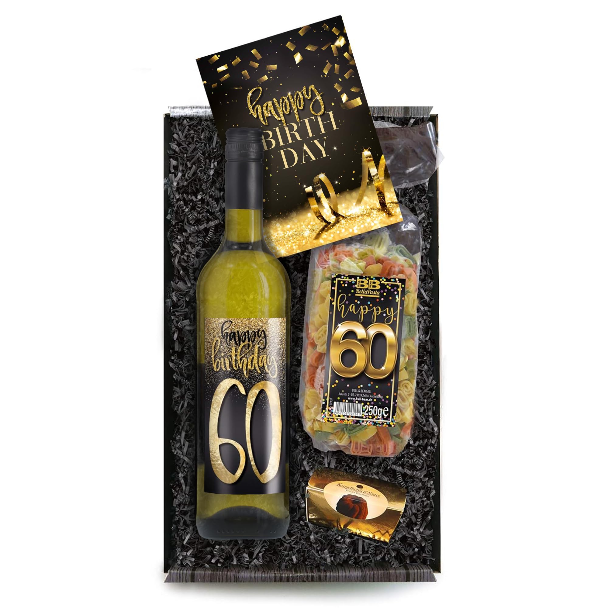 Bull & Bear Geschenkbox "Happy Birthday 60", Set mit Weisswein, Nudeln und Geburtstagskarte, Geschenk zum 60. Geburtstag