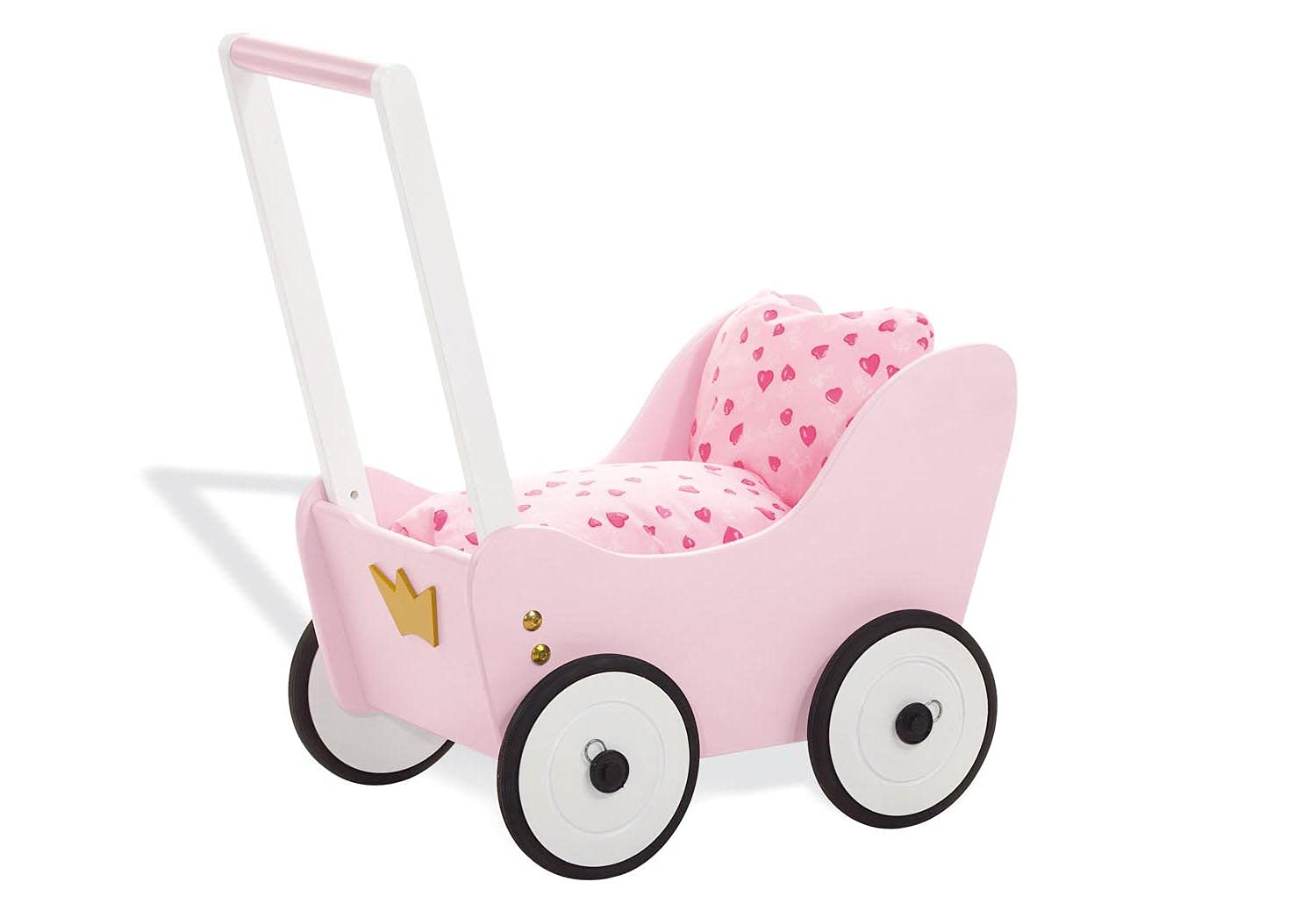 Pinolino Puppenwagen Prinzessin Lea, aus Holz, mit Bremssystem, Lauflernhilfe mit gummierten Holzrädern, für Kinder von 1 – 6 J., rosa, weiß und gold