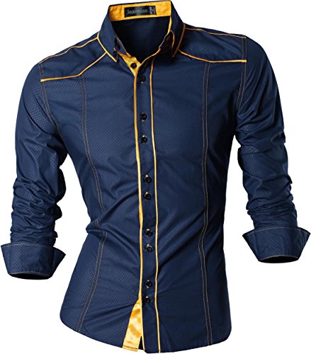 jeansian Herren Freizeit Hemden Shirt Tops Mode Langarmlig Men's Casual Dress Slim Fit (USA M, Z034_Navy)