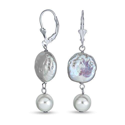 Braut Weiß Münze Biwa Kultiviert Perle Leverback Baumeln Ohrringe Für Frauen 925 Sterling Silber
