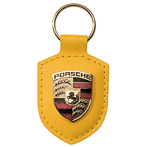 Porsche Original Schlüsselanhänger, Gelb Leder mit Metall Farbe Wappen in silber Porsche Geschenkbox