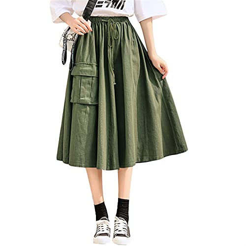 Mfacl Maxi Rock flaumig Röcke für Frauen - Damenröcke Japanisches Mori-Mädchen lange Röcke Frauen Hohe Taille Armee Grüner Regenschirm Röcke Tasche Weibliche Baumwolle Midi Saia Plus Größe M-3XL A-Zei