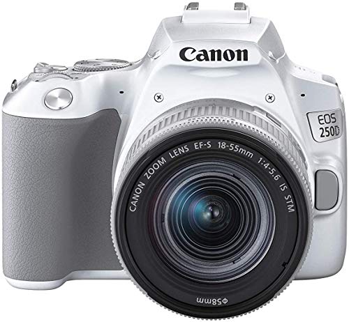 Canon EOS 250D Digitalkamera (24,1 Megapixel, 7,7 cm (3 Zoll) Vari-Angle Display, APS-C-Sensor, 4K, Full-HD, DIGIC 8, WLAN, Bluetooth), weiß, inkl. EF-S 18-55mm f/4-5.6 IS STM Objektiv silber