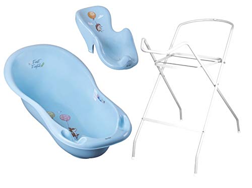 3er Set Baby-Badewanne Set ergonomische Babywanne 86 cm + Ständer Gestell + Badesitz Badewannensitz (blau)