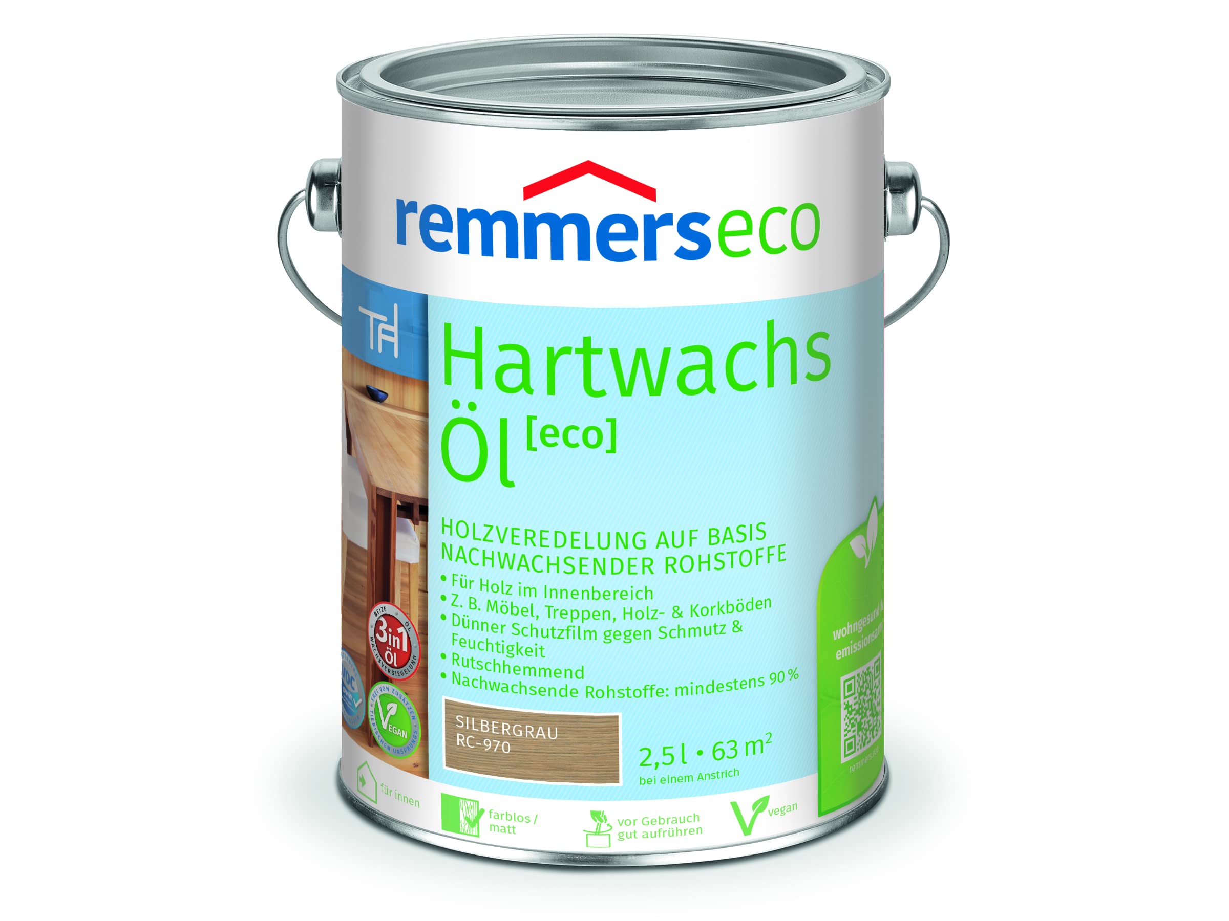 Remmers Hartwachs-Öl [eco] silbergrau, 2,5 Liter, Hartwachsöl für innen, natürliche Basis, Beize, Öl und Versiegelung in einem, nachhaltig, vegan
