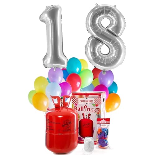 PARTY FACTORY Helium Geburtstags-Komplettset "18" - mit XXL Zahlenballons, 0,4m³ Ballongas, Ballonschnur & 30 bunten Latexballons - für Geburtstag, Jubiläum, Jahrestag in verschiedenen Farben (Silber)