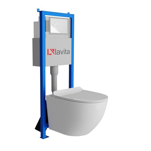 Lavita LAV 101 Vorwandelement für WC 40cm + Wand Hänge Tiefspül WC SOFI SLIM Weiß Matt Spülrandlos + Bedienplatte LAV 200.4.1 Weiß | Komplettset | Unterputz Spülkasten | Toilette Komplett Sett
