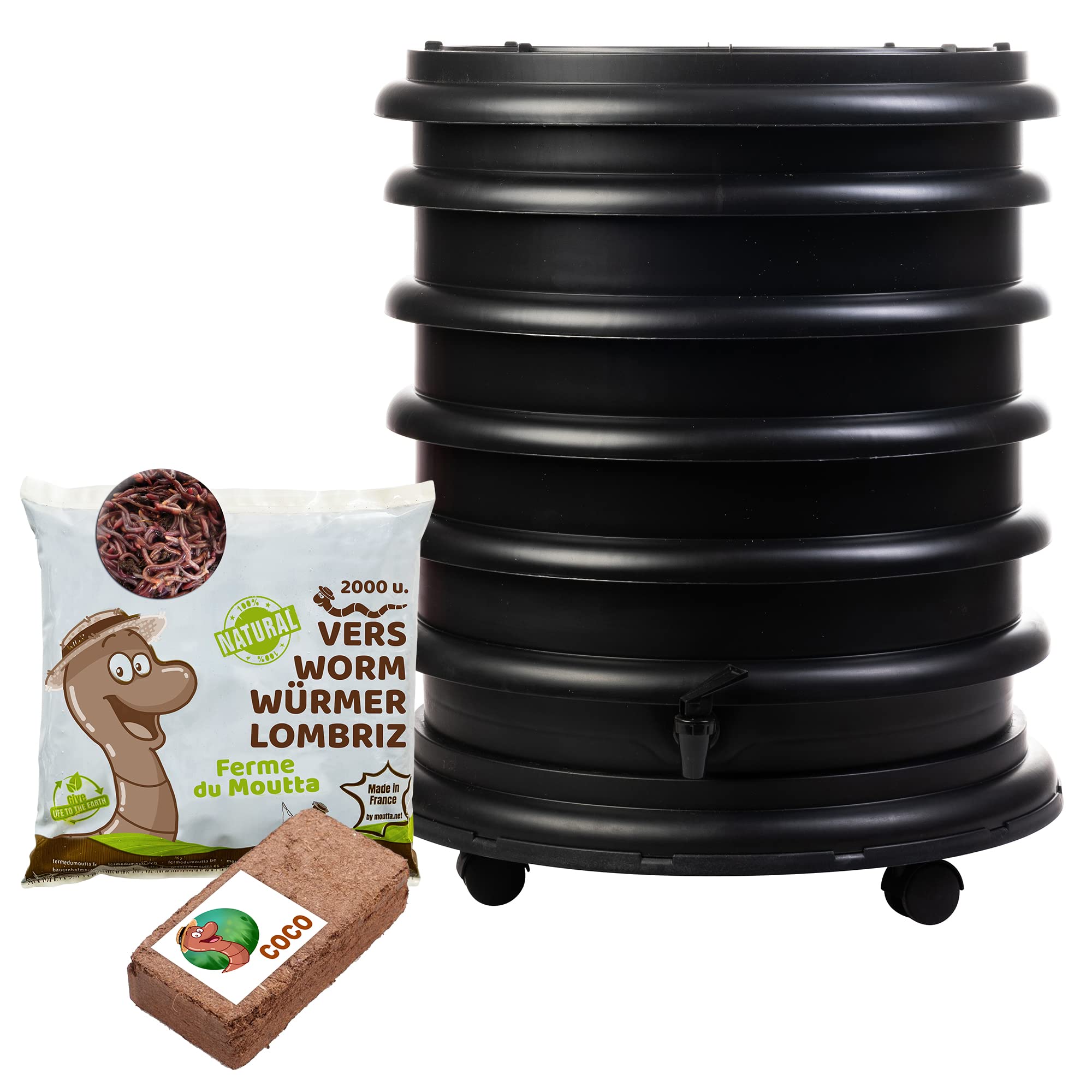WORMbox | Wurmkomposter Wurmfarm Wurmkiste mit 4 Schalen Schwarz + 1kg Kompostwürmer / 2000 STK + 1 Coco | 64 Liter | Regenwurmkomposter, Kompostwürmer produzieren Wurmhumus