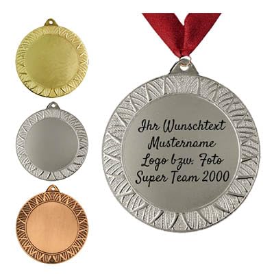 Personalisierte Medaille aus Metall in Gold, Silber & Bronze Farbe, mit Wunschtext, Foto und Logo (mit Halsband und Schachtel, Silber)