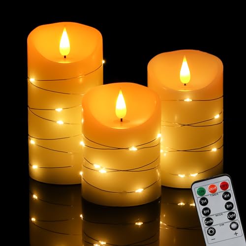 FREEPOWER 3er LED Kerzen Echtes Wachs mit Lichterkette, Flammenlose Kerzen mit Fernbedienung Timer Flackern Batteriebetrieben Stumpenkerzen Warmweiß, Ø7.5 x 10/12.5/15cm