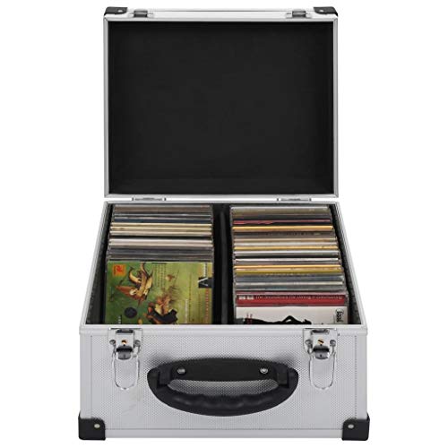 Bulufree CD-Hülle CD-Flightcase DVD-Aufbewahrungsbox für 40 CDs/Disks, abschließbare Tragetasche aus Holz mit Griff, ABS mit Aluminiumverkleidung, Silber