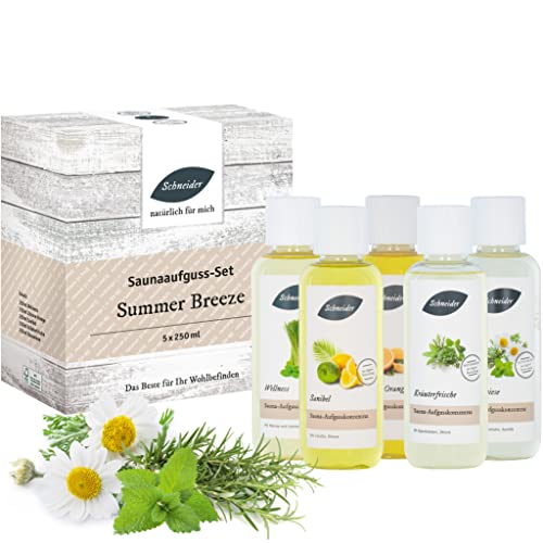 Saunabedarf Schneider - Aufgussset Summer Breeze 5 x 250 ml Inhalt - fruchtig-exotischer Saunaaufguss - wohltuender Mix