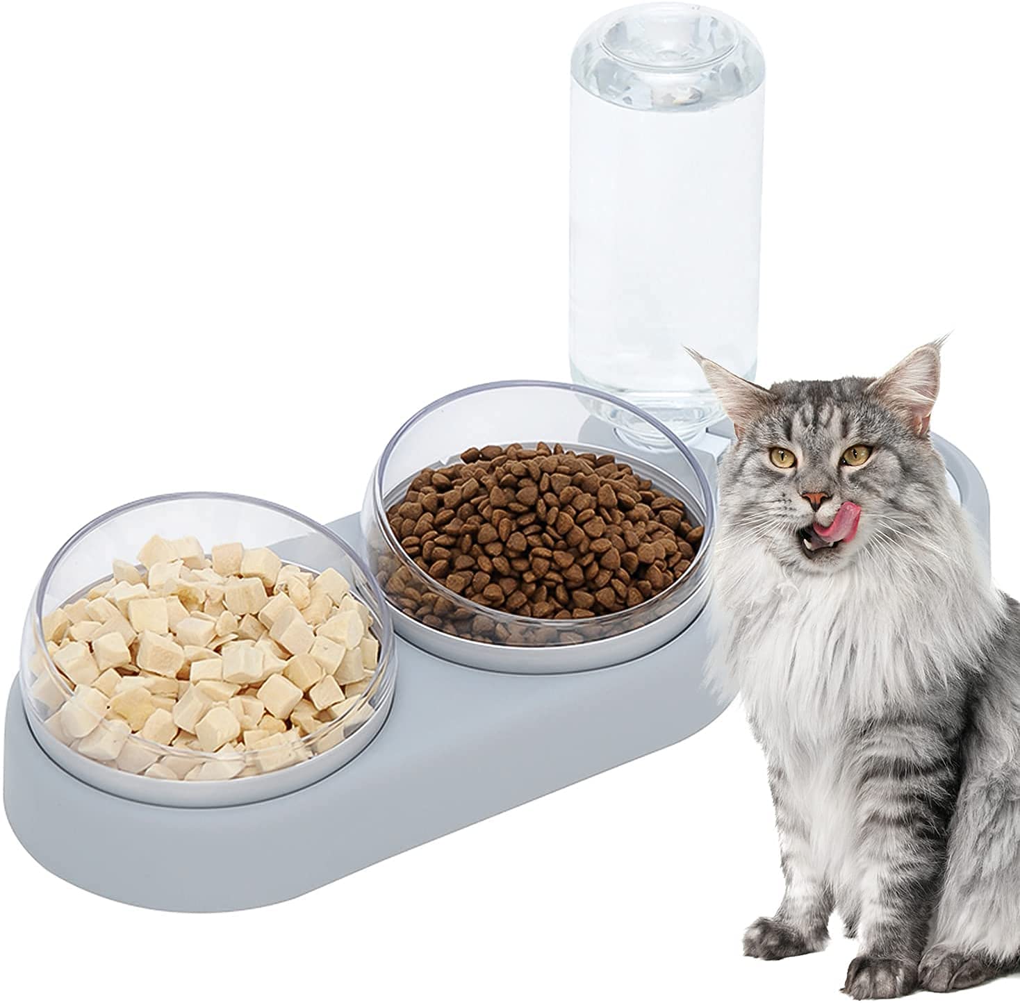 Fressnapf für Katzen, doppelter Futternapf, erhöht, neigbar um 15 °, Schüssel für Haustiere Hunde und Katzen mit Flasche für Katze, Anti-Gießen, 3-in-1 mit automatischer Wasserspeicherung (grau)