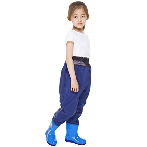 Jitong Kinder Regenlatzhose Wind- und wasserdicht Latzhose Matschhose mit Regenstiefel für Mädchen Junge - Dunkel Blau, 29 (18.5cm)