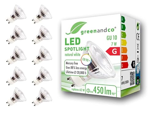 10x greenandco® CRI90+ 4000K 36° LED Spot neutralweiß ersetzt 60 Watt GU10 Halogenstrahler, 7W 510 Lumen SMD LED Strahler 230V AC, nicht dimmbar, flimmerfrei, 2 Jahre Garantie