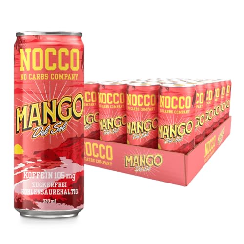 NOCCO BCAA Energy Drink – zuckerfrei, vegan Energy Getränk mit Koffein, Vitaminen und Aminosäuren – Mangogeschmack, 24 x 330ml inkl. Pfand (Mango Del Sol)